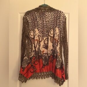 Tempo Paris Brown Crochet Cardigan with Red, Cream and Brown Accents